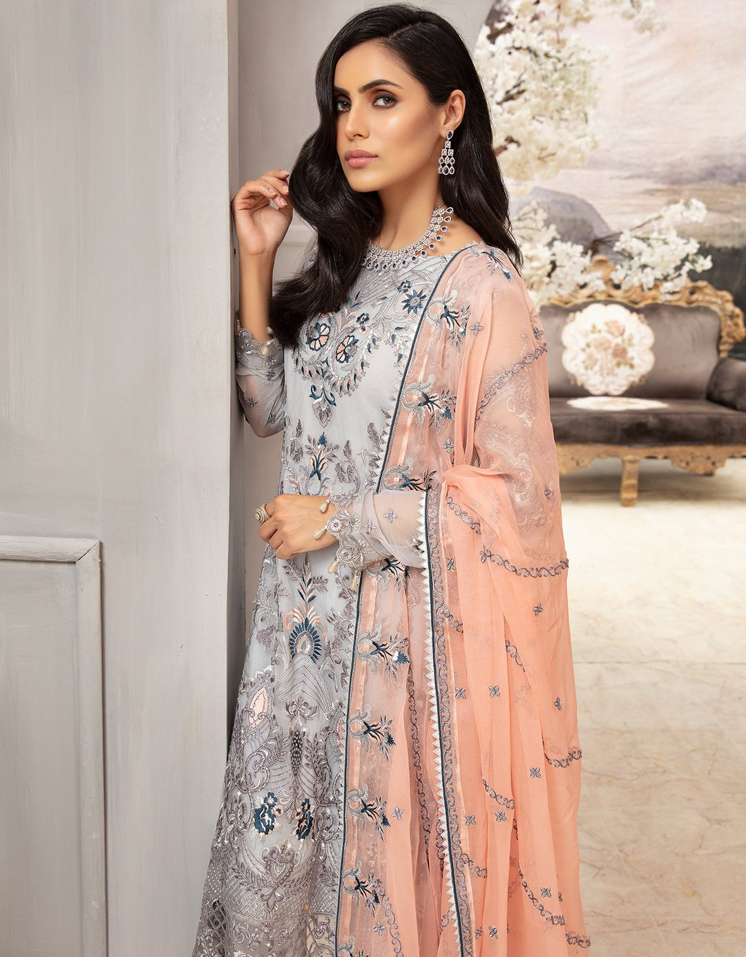 grey and peach dress Buy Pakistani Steel Chiffon With Color – Nameera by Farooq French tweed dress collection similar to St. John