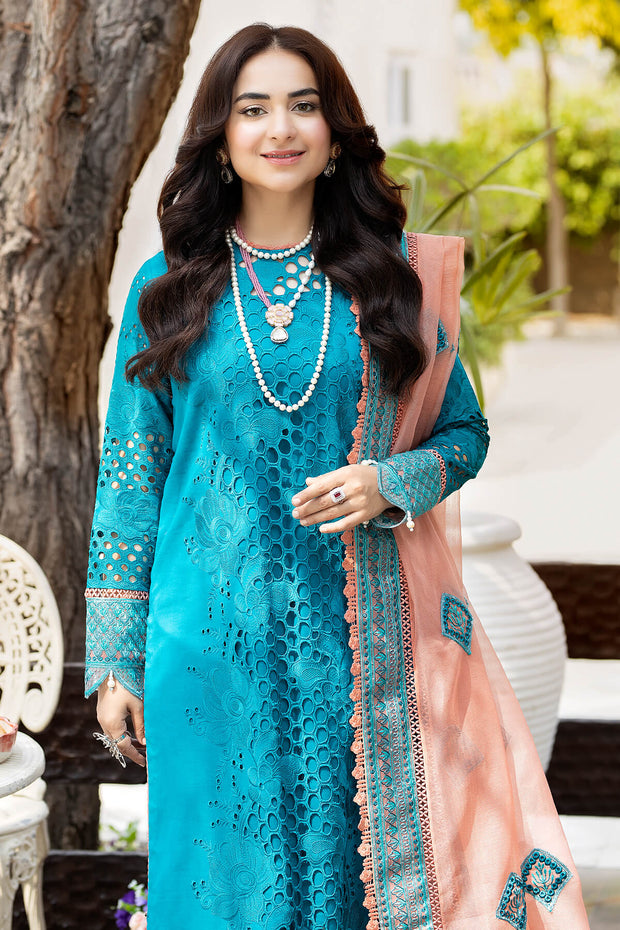 Buy Pakistani Blue Embroidered Kameez with Capri and Dupatta Party Dress