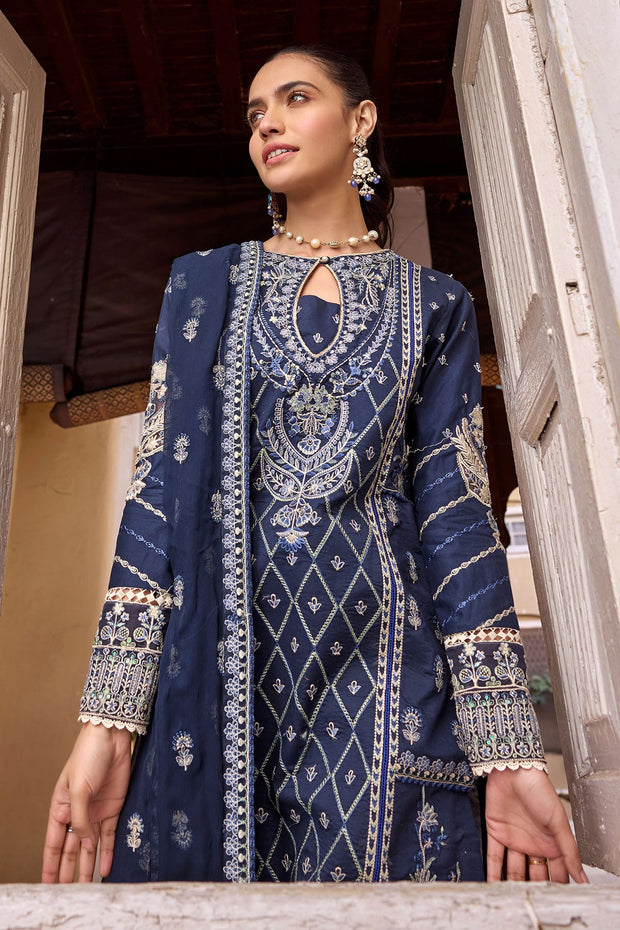 Buy Pakistani Eid Dress in Blue Embroidered Long Kameez Trousers