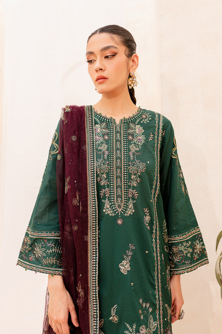 Buy Pakistani Embellished Lawn Kameez Trousers in Bottle Green Color