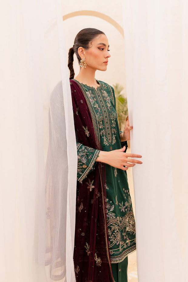 Buy Pakistani Embellished Lawn Kameez Trousers in Bottle Green Color 2023