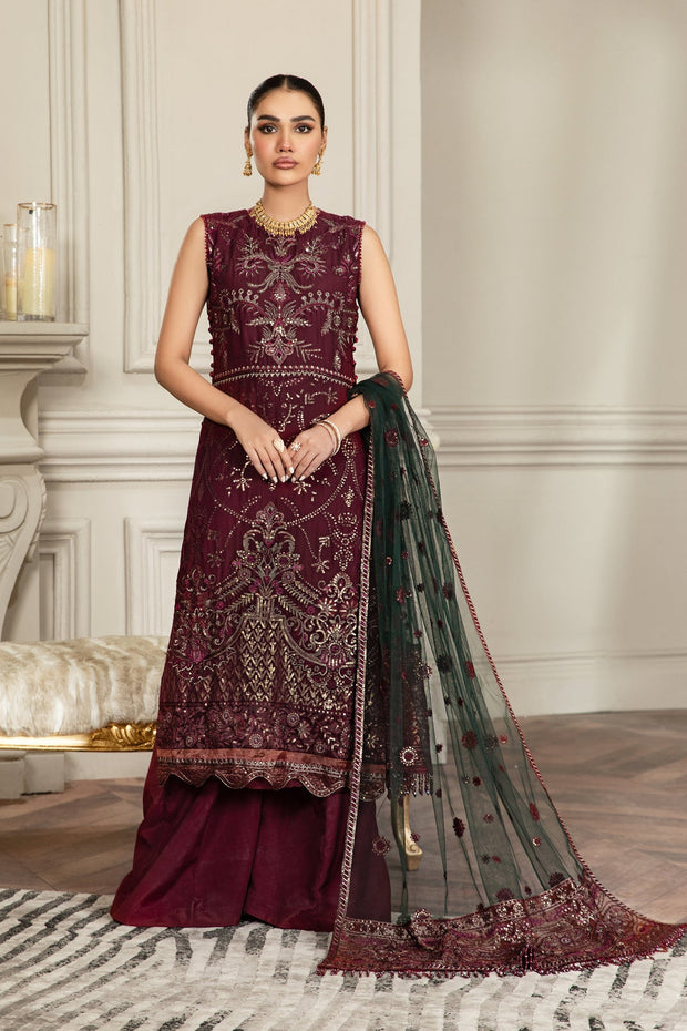 Buy Pakistani Embroidered Long Frock in Maroon Color With Dupatta