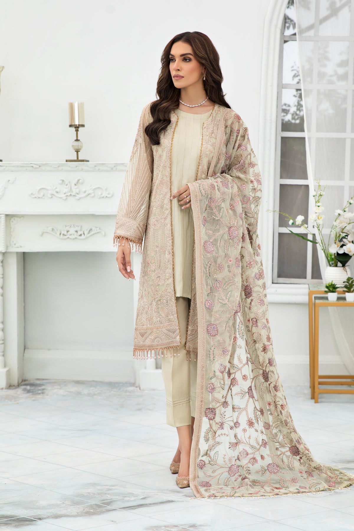 Buy Pakistani Embroidered Long Kameez Capri Party Wear – Nameera by Farooq