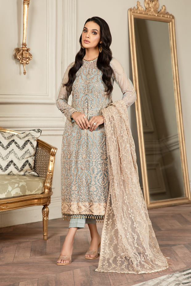 Buy Pakistani Embroidered Sky Blue Kameez in Capri Style Party Wear