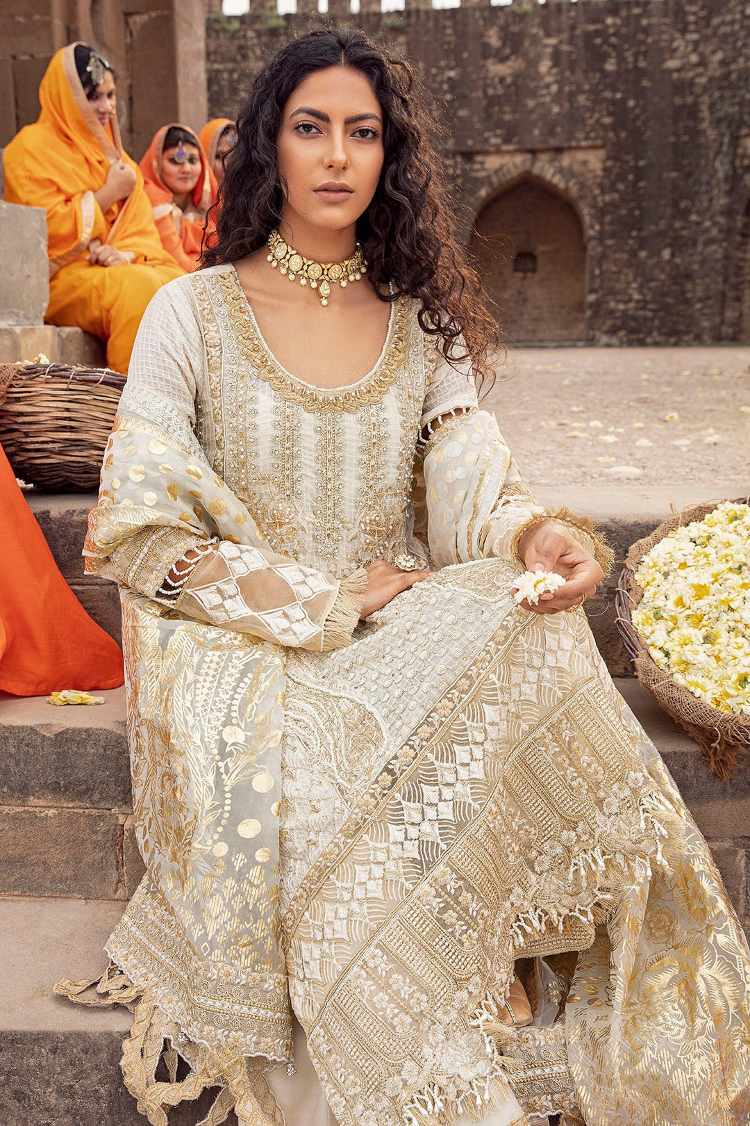 gold eid dress Shop Pakistani Golden White Kameez Trousers – Nameera by Farooq Theme:Egyptian