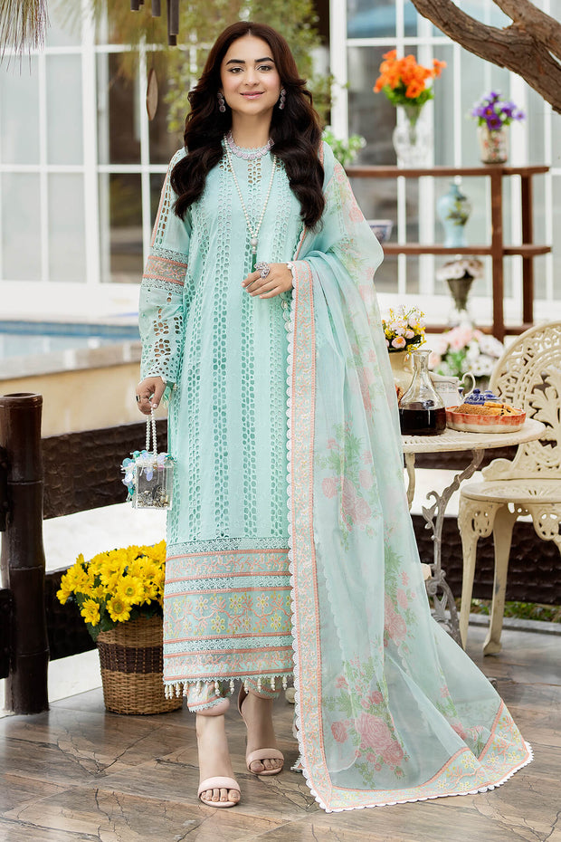 Buy Pakistani Kameez Trousers in Sky blue and Pink contrast Party Dress 2023