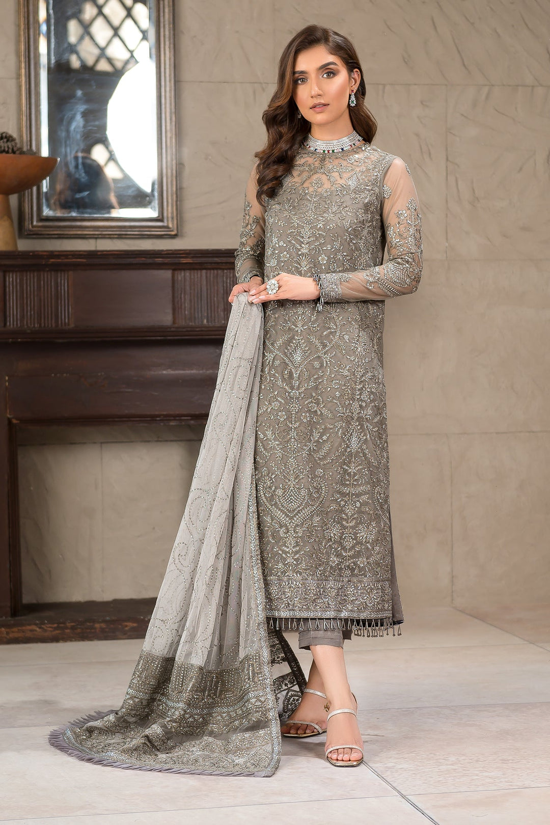 Buy Pakistani Long Kameez and Capri Party Wear in Greyish Black