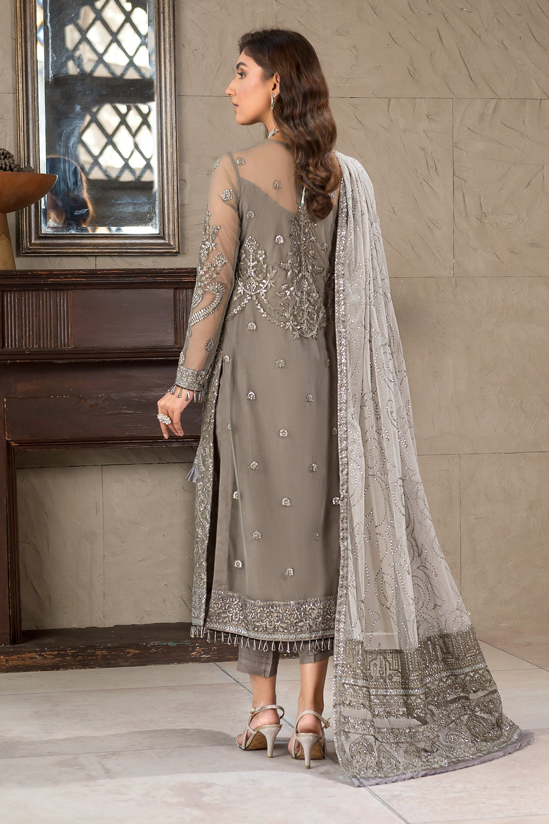 Buy Pakistani Long Kameez and Capri Party Wear in Greyish Black 2023