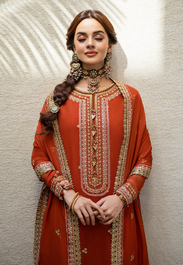 Buy Traditional Pakistani Kameez Salwar Suit in Embroidered Rusty Color 2023