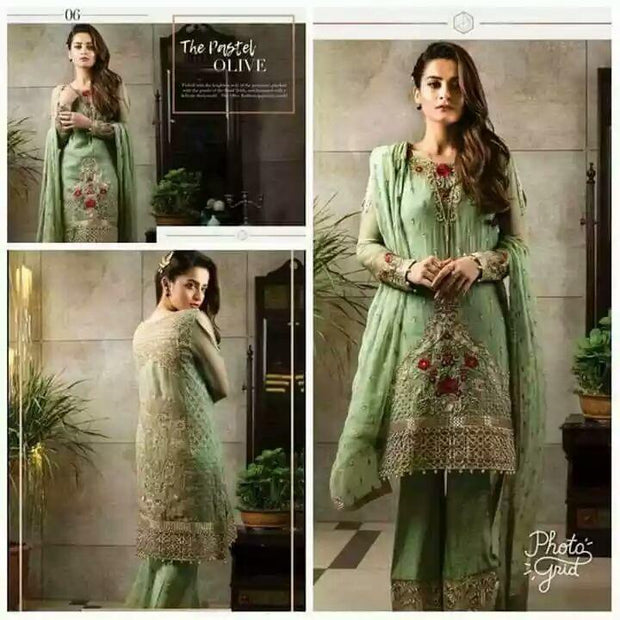 Buy Trendy Embroidered Olive Chiffon Suit  Imrozia Designer 