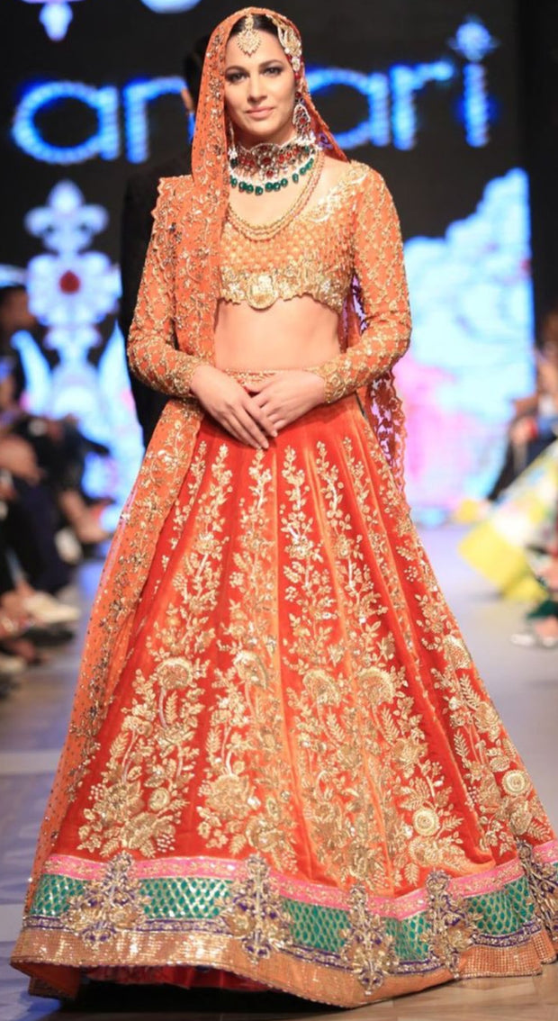 Bridal Ghagra Choli in Beutifull Reddish Orange Color.Work Embalished With Dabka Zari Naqshe Pearls Sequance And Sitara Work.
