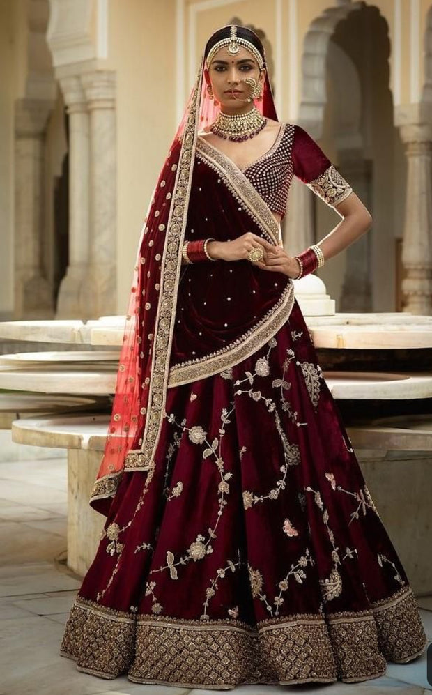 Bangali Bridal Dress In Deep Maroon Color.Work Emballished With Pure Dabka Nagh Zari Zardozi And Sequance Work.