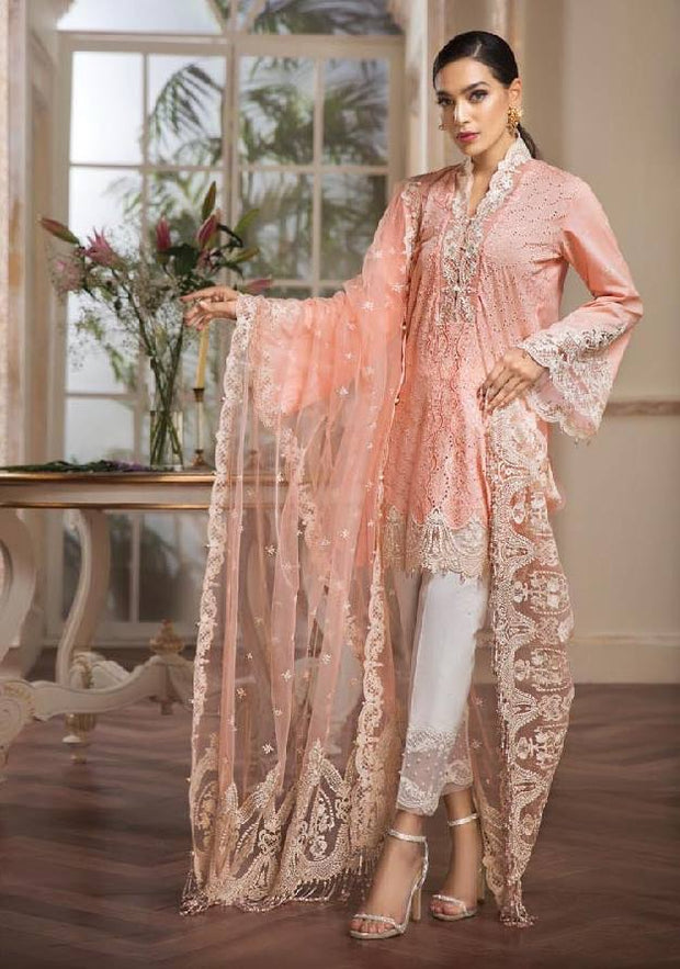 Pakistani Shlwar Suit By Anaya In Baby Pink Color.Work Embellished With Threads Embroidery Cutwork Daman And Cut Work Bazoo.