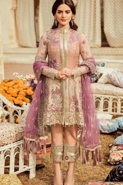Open Shirt Paplam In Beautiful Laylac And Peach Color.Work Embellished With Tilla,Dhagae Embroidery.