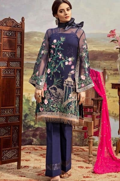 Asian Party Dress in Dark Blue Color.Work Embellished With Pure Dhaga Embroidery Tilla And Sequance Work.