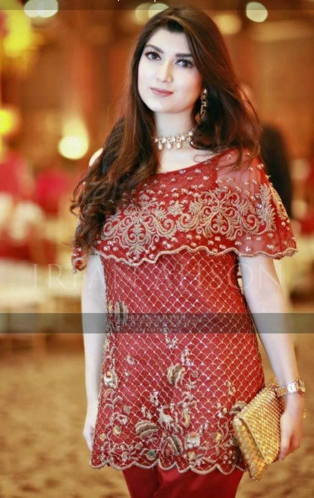 Beutifull wedding party dress in red color with dabka nagh and cutwork Model#P1008