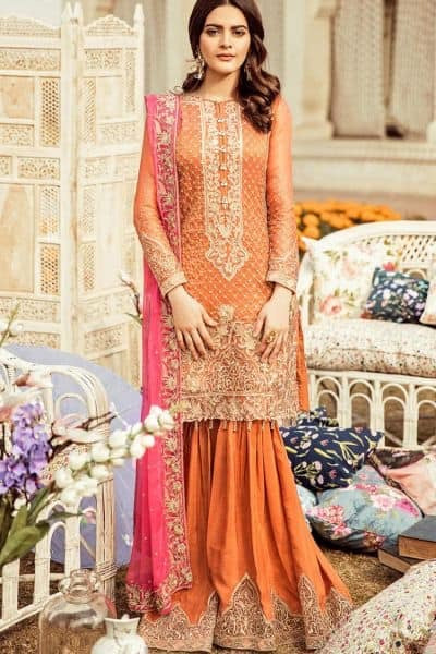 Gharara And Short Shirt In Orange Rust Color Model C 1757