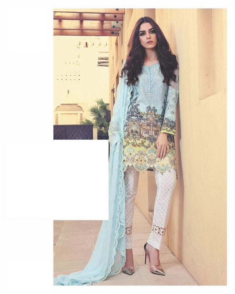 Check Cut Work Sky Blue Trendy Lawn Cheffon Dupatta Dress