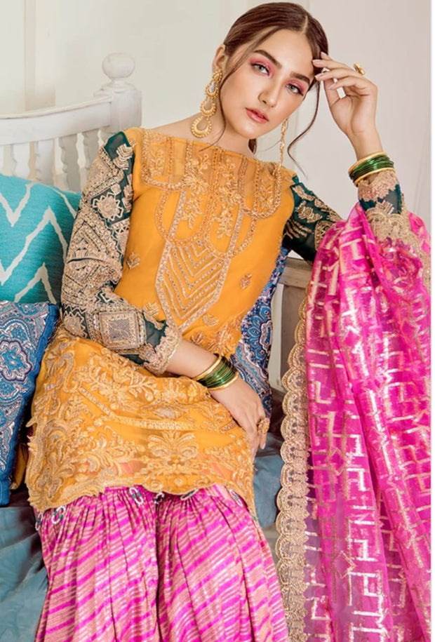 Chiffon Party Gharara in Orange Color Close Up