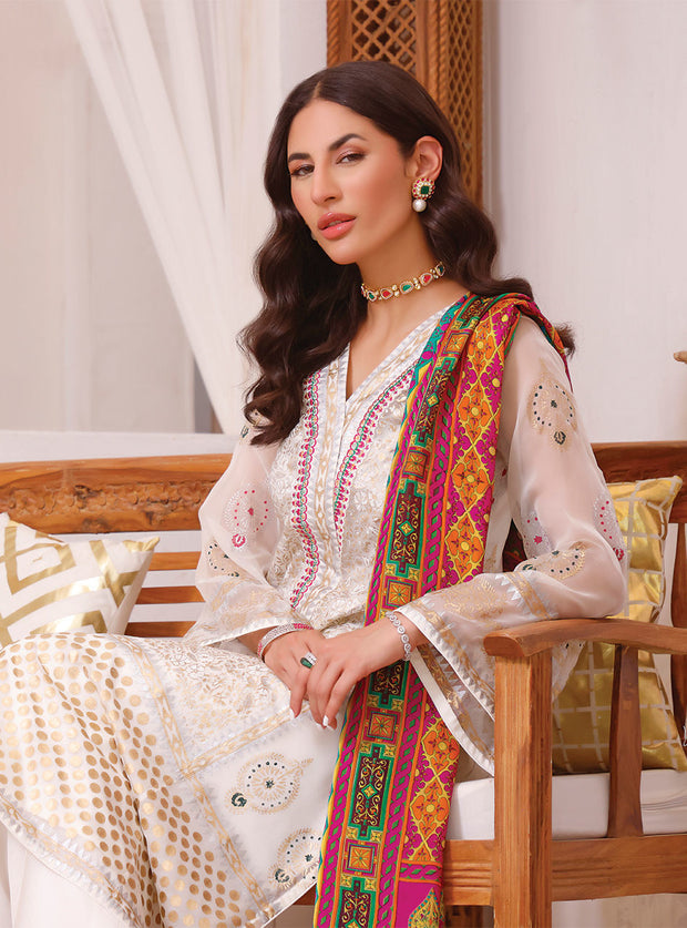 Chiffon White Colored Salwar Kameez Dupatta Pakistani Eid Dress