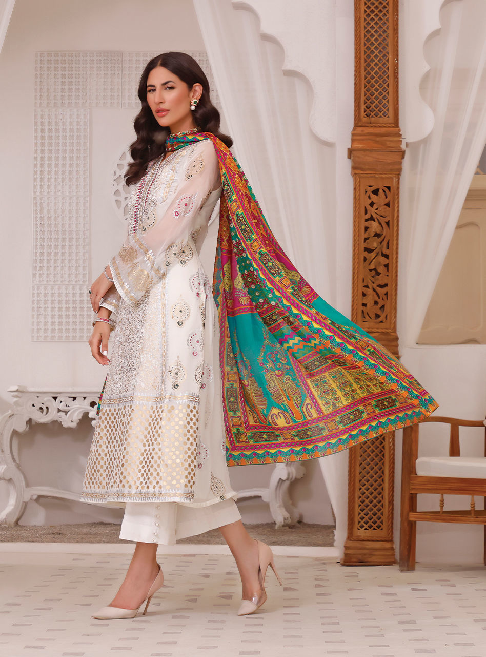 Chiffon White Salwar Kameez Dupatta Pakistani Eid Dress Online