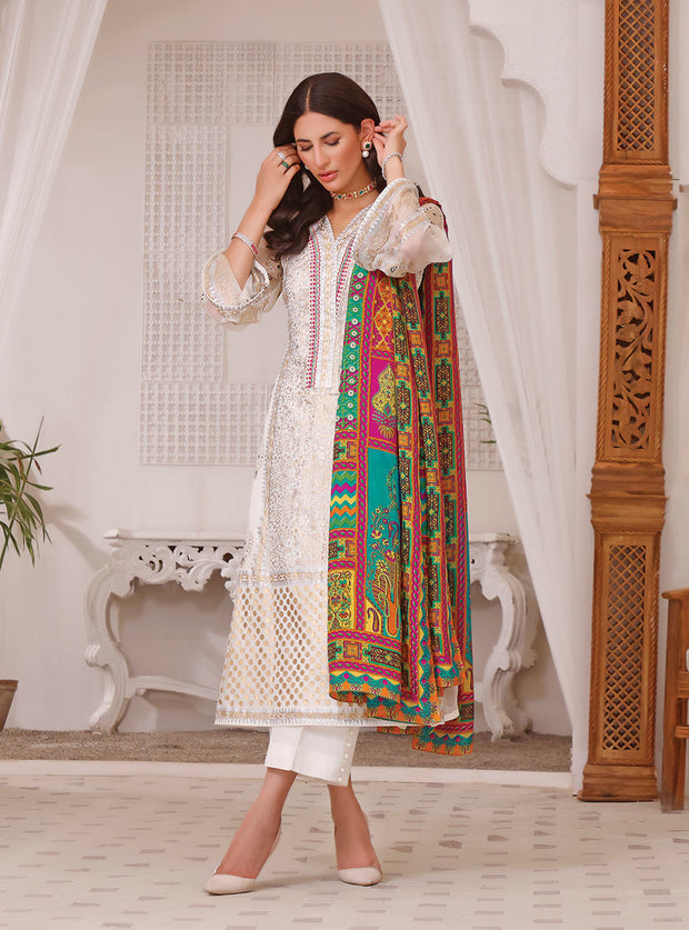 White salwar suit with multicolor dupatta sale