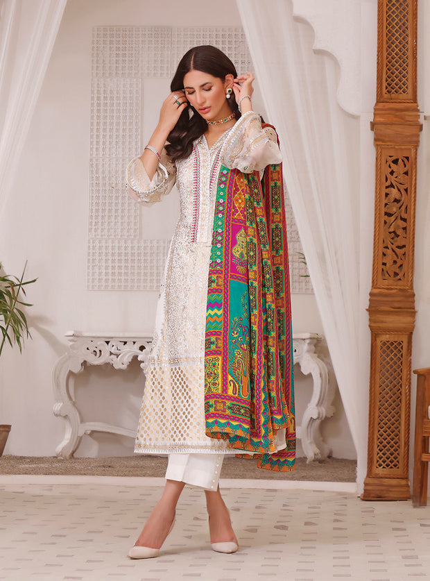 Chiffon White Salwar Kameez Dupatta Pakistani Eid Dress
