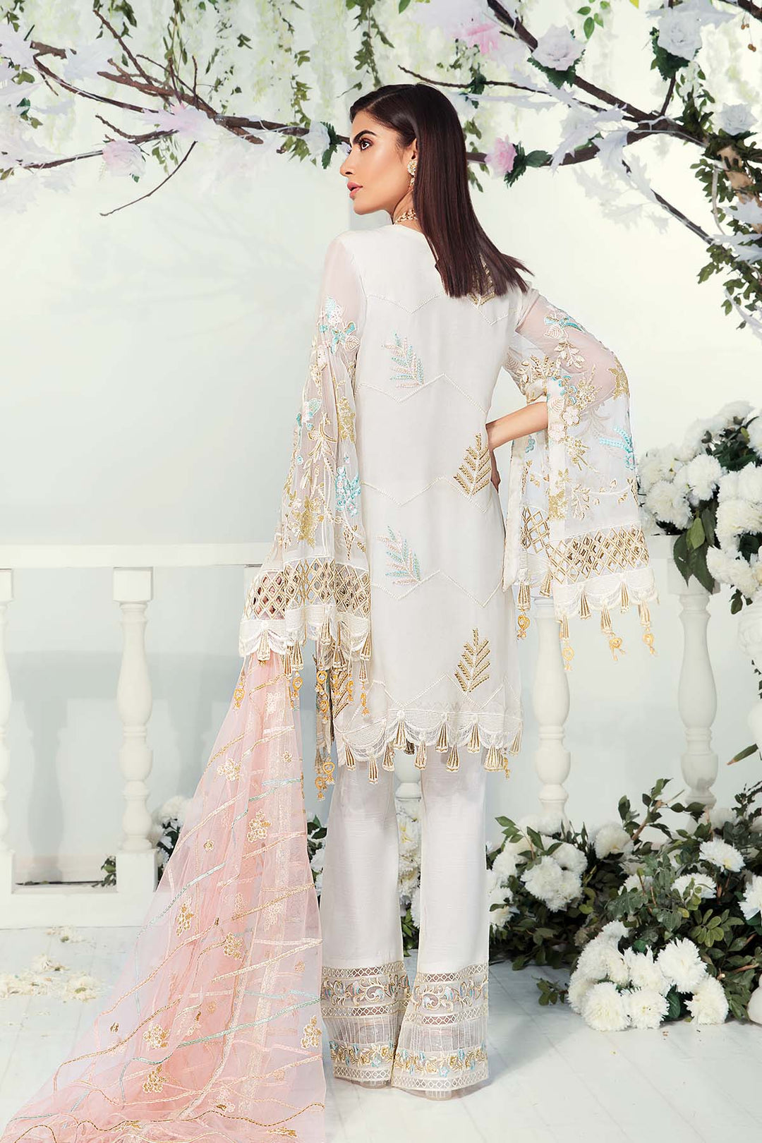 Chiffon Dress with Embroidery in White Color Backside View