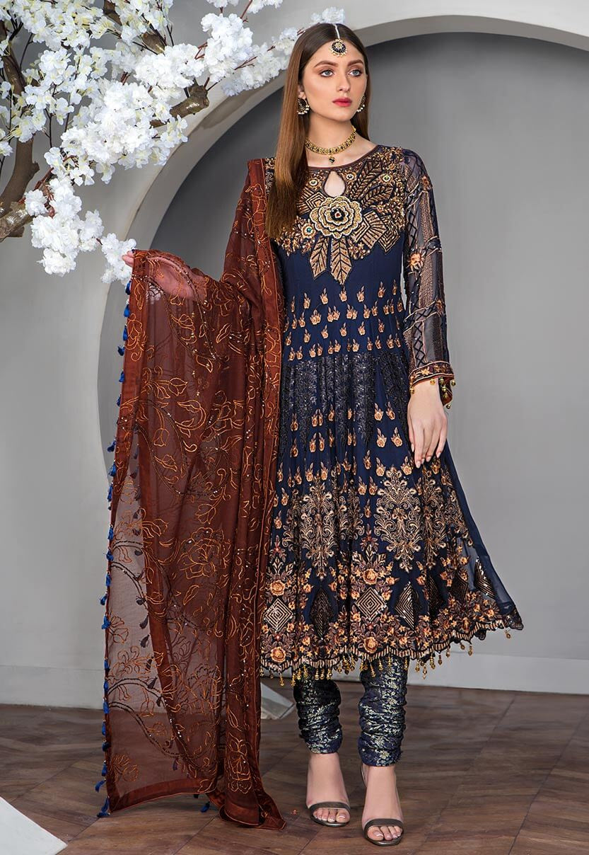 Chiffon Dress with Chori Pajama  in Blue Color