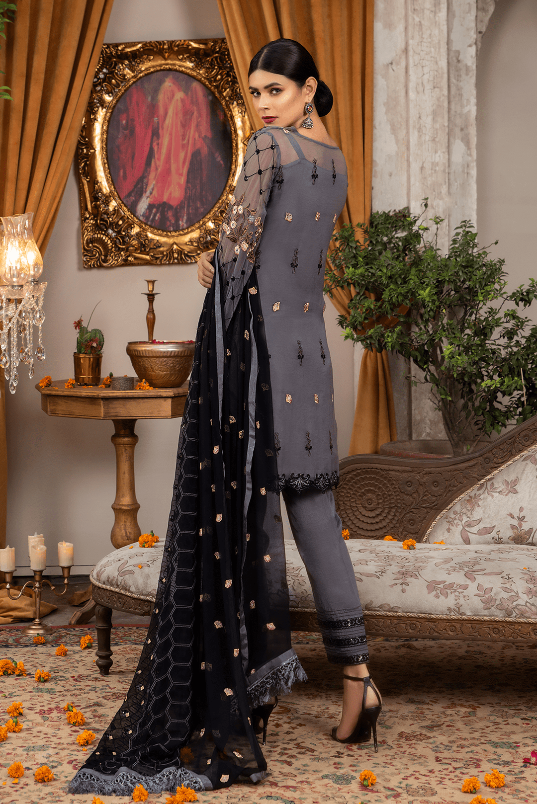 Chiffon Front Embroidered Sequence Dress # P2724