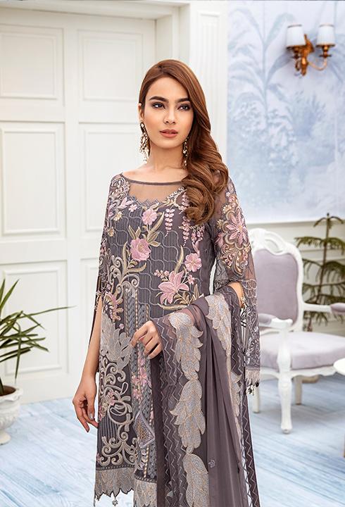 Latest embroidered chiffon outfit 2020 online in elegant grey color # P2519