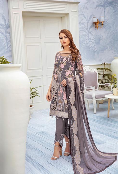 Latest embroidered chiffon outfit 2020 online in elegant grey color 