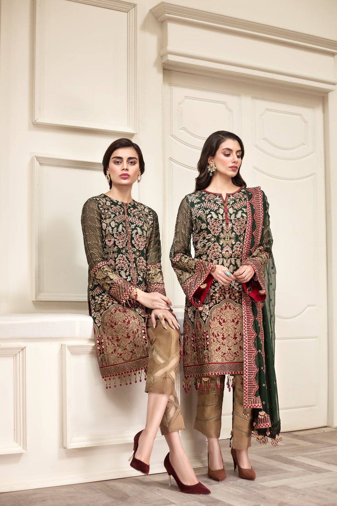  Chiffon Party Wear in Bottle Green Color