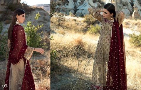 Chiffon Skin Gold And Maroon DressSequance Tilla Embroidery 
