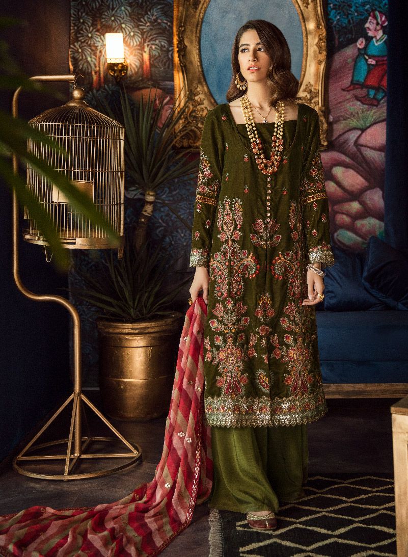 Beautiful chiffon and velvet embroidered dress in olive green color # P2466