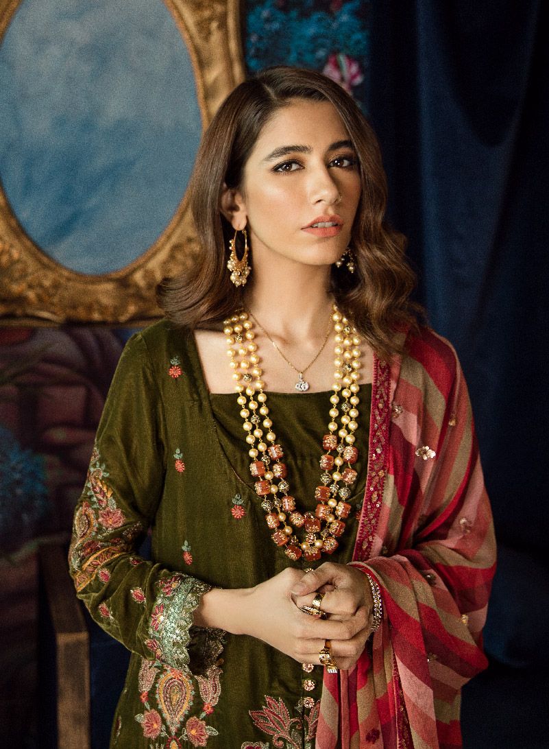 Beautiful chiffon and velvet embroidered dress in olive green color # P2466