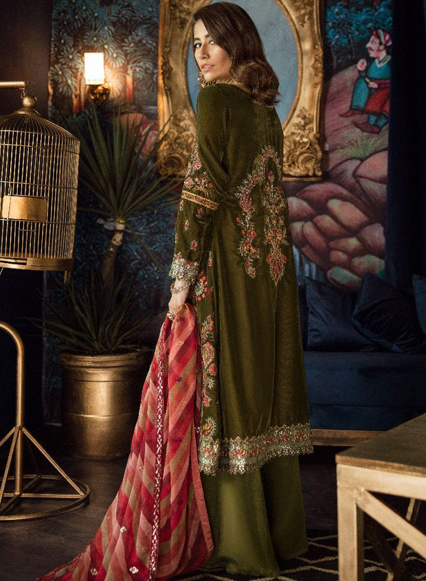 Beautiful chiffon and velvet embroidered dress in olive green color # P2466