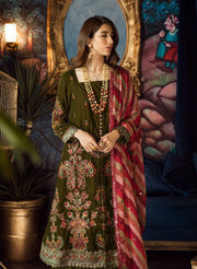 Beautiful chiffon and velvet embroidered dress in olive green color