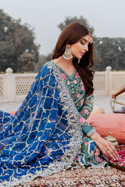 Pakistani chiffon embroidered party outfit in lavish green color # P2447