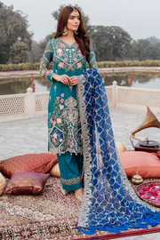 Pakistani chiffon embroidered party outfit in lavish green color