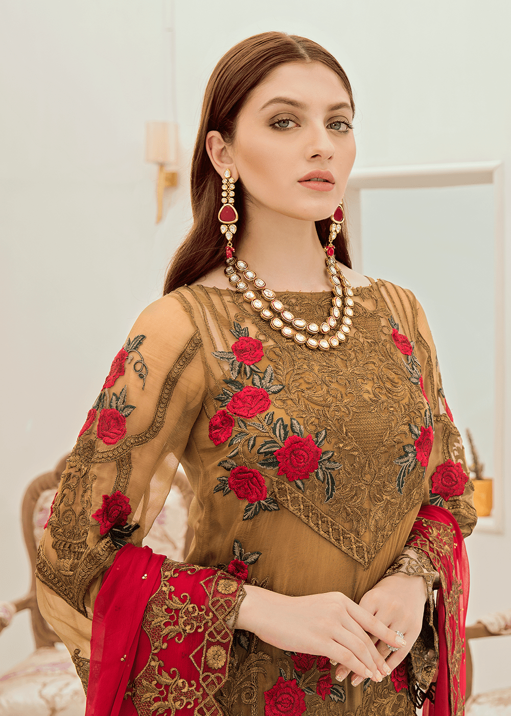 Pakistani chiffon fancy outfit in elegant brown color # P2286