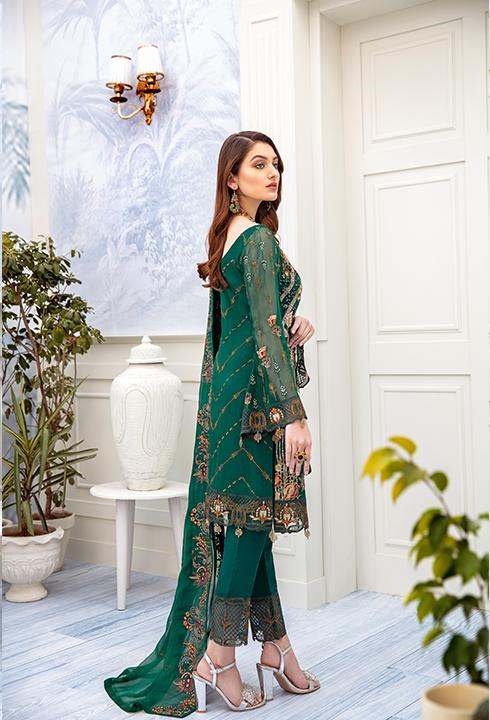 Latest embroidered Pakistani chiffon outfit online in green color # P2512