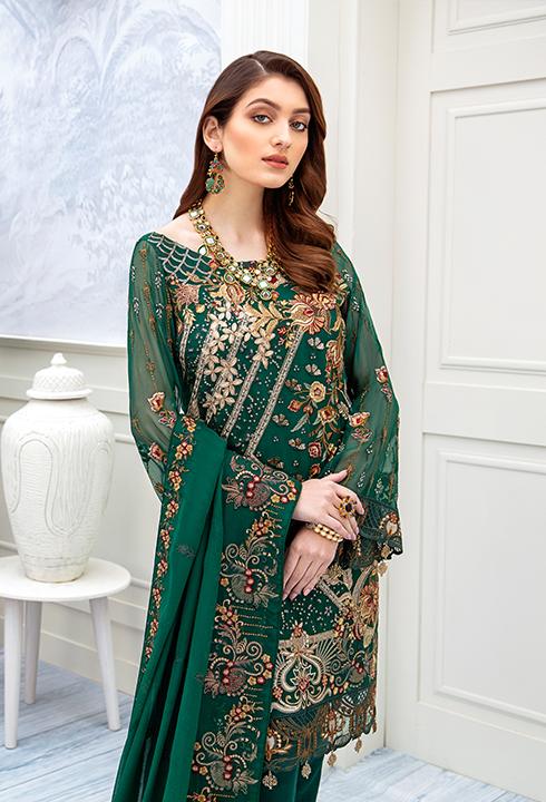 Latest embroidered Pakistani chiffon outfit online in green color # P2512