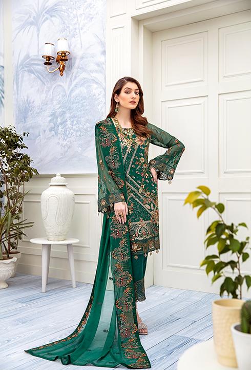 Latest embroidered Pakistani chiffon outfit online in green color