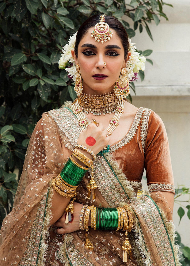 Choli with Net Lehenga and Dupatta Pakistani Bridal Dress in Beige Gold Color