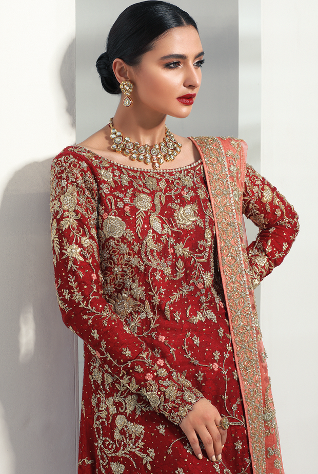 Classic Bridal Red Lehnga with Embroidery – Nameera by Farooq