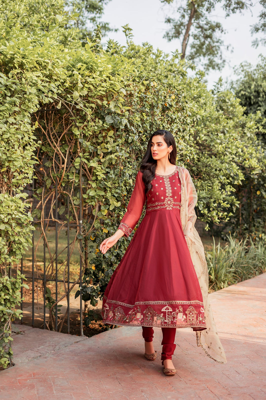 Classic Maroon Embroidered Frock Churidar Pakistani Eid Dress