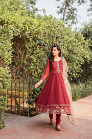 Classic Maroon Embroidered Frock Churidar Pakistani Eid Dress