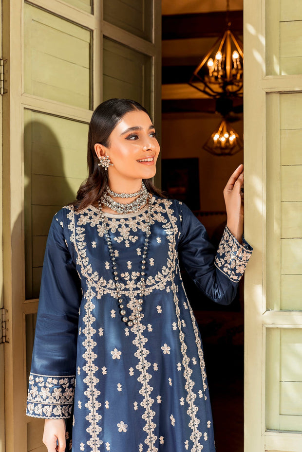 Classic Pakistani Blue Dress in Frock Trouser Style for Eid