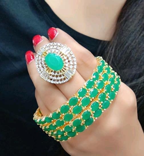 Classy Bangles Set With Ring Green Color